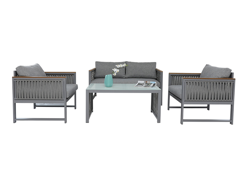 KD design havemøbler vævet reb-strop sofasæt med sædehynde, syntetisk træ på armlænet YQC-2786